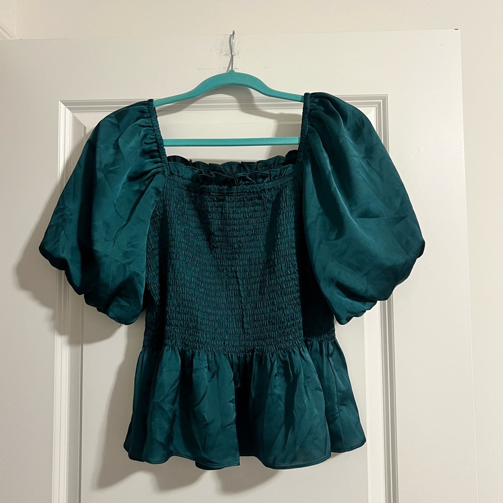 Skies Are Blue Forest Green Puff Sleeve Blouse